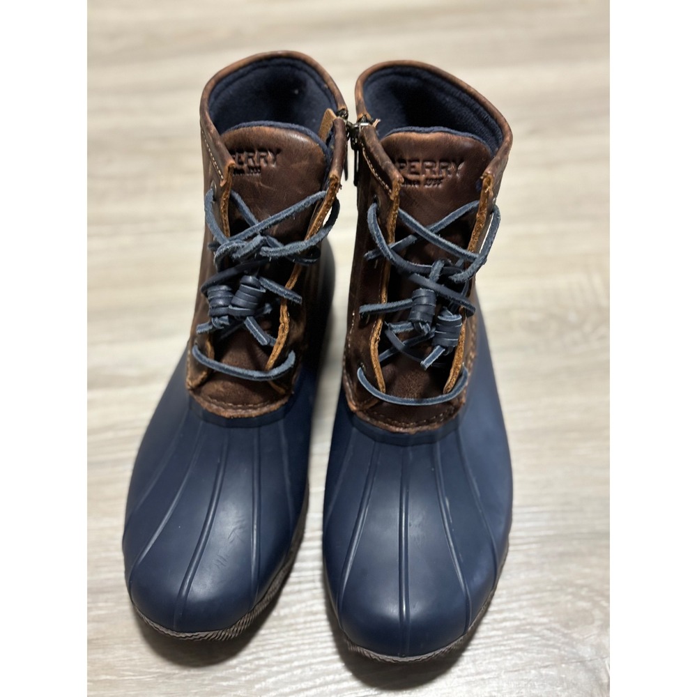 Sperry Saltwater Duck Boots Navy Brown Leather Waterproof STS98301 Womens 7 M